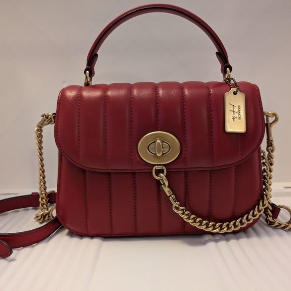 Coach x Jennifer Lopez Marley Top Handle Satchel Linear Quilting Dark Cardinal - Picture 1 of 13